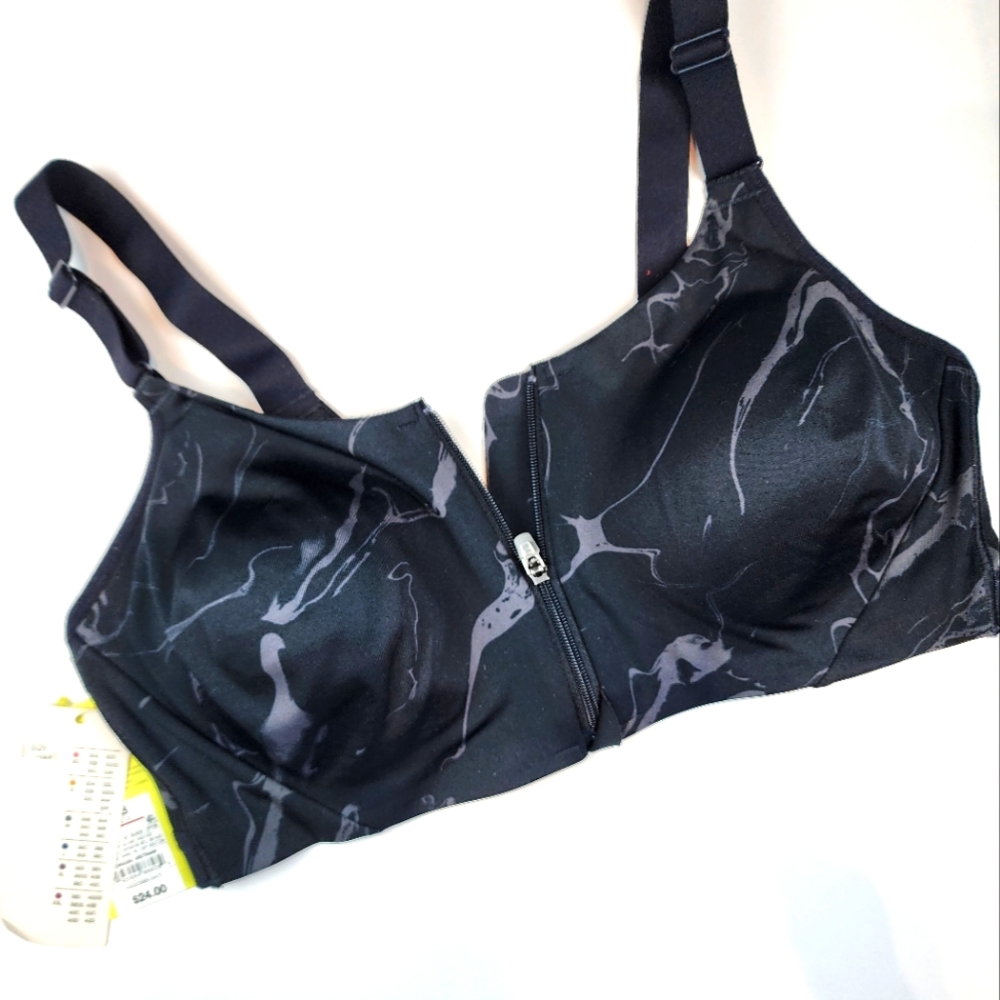 New Black Sports Bra‎ Athleisure Gym Top High Support Zip Front Bra Top Size 38B